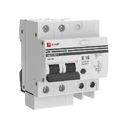 Выключатель автоматический дифференциального тока В 16А 30мА тип AC 4.5кА АД-2 (электрон.) защита 270В PROxima EKF DA2-16B-30-pro