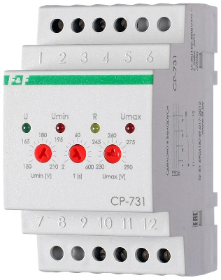 Реле напряжения Реле напряжения CP-731 (трехфазный; микропроцессорный; контроль верхнего и нижнего значений напряжения; контроль асимметрии; чередования фаз; монтаж на DIN-рейке 35мм 3х400/230+N 2х8А 1Z 1R IP20) F&F EA04.009.005