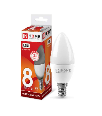 Лампа светодиодная LED-СВЕЧА-VC 8Вт свеча 230В E14 6500К 760лм IN HOME 4690612024806