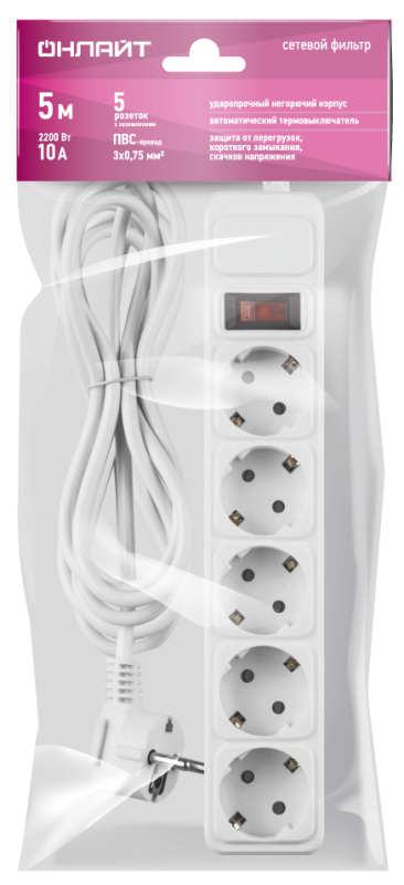Фильтр сетевой 5х5м 10А IP20 90 834 OSP-1-05-500-ESC-3х0.75-WH бел. ОНЛАЙТ 90834