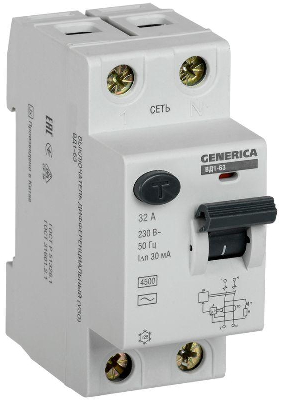 Выключатель дифференциального тока (УЗО) 2п 32А 30мА тип AC ВД1-63 GENERICA MDV15-2-032-030