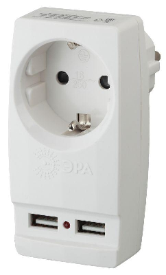 Блок розеток, удлинитель Адаптер 1-м с заземл. Polynom SP-1e-USB-W 220В 2хUSB 2100мА бел. Эра Б0026332
