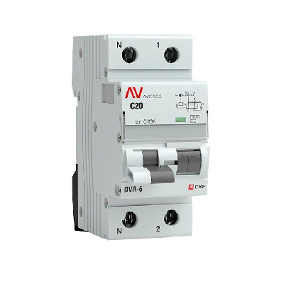 Выключатель автоматический дифференциального тока 2п (1P+N) C 20А 30мА тип AC 6кА DVA-6 Averes EKF rcbo6-1pn-20C-30-ac-av