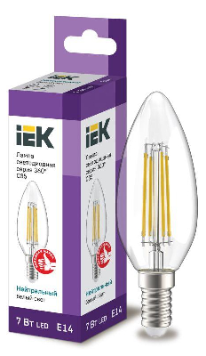 Лампа светодиодная филаментная 360° 7Вт C35 свеча прозрачная 4000К нейтр. бел. E14 230В IEK LLF-C35-7-230-40-E14-CL