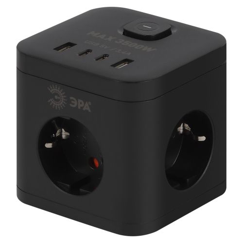 Удлинитель куб 3х1.5 с заземл. с выкл. CUBE-3es-1.5m-4USB-B 3 розетки+4xUSBA+C 16А черн. Эра Б0069074