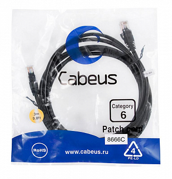 Кабель соединительный медный (витая пара) Патч-корд U/UTP кат.6 PC-UTP-RJ45-Cat.6-3m-BK 2xRJ45/8p8c неэкранир. PVC 3м черн. Cabeus 8666c