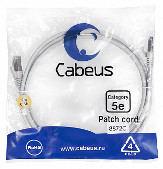 Кабель соединительный медный (витая пара) Патч-корд F/UTP кат.5E PC-FTP-RJ45-Cat.5e-2m-LSZH 2xRJ45/8p8c экранир. LSZH 2м сер. Cabeus 8872c