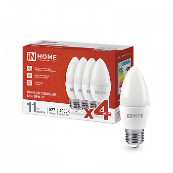 Лампа светодиодная Лампа светодиодная LED-СВЕЧА-VC 4PACK 11Вт 230В E27 4000К 1050лм (уп.4шт) IN HOME 4690612047812