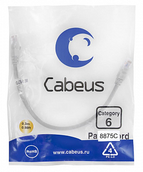 Кабель соединительный медный (витая пара) Патч-корд U/UTP кат.6 PC-UTP-RJ45-Cat.6-0.3m-LSZH 2xRJ45/8p8c неэкранир. LSZH 0.3м сер. Cabeus 8875c