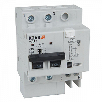 Выключатель автоматический АД12-22C32-АC-УХЛ4 дифференциального тока с защитой от сверхтоков (2P C32 30мА) 4.5кА КЭАЗ 318371