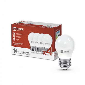 Лампа светодиодная Лампа светодиодная LED-ШАР-VC 4PACK 14Вт шар 4000К нейтр. бел. E27 1330лм 230В (уп.4шт) IN HOME 4690612052366