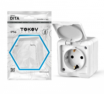 Розетка силовая (штепсельная) Розетка 1-м ОП Dita 16А IP54 250В с заземл. с крышкой бел. TOKOV ELECTRIC TKL-DT-R1Z-C01-IP54