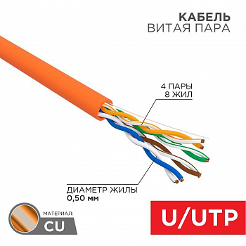 Кабель для связи и передачи данных (медь) Кабель витая пара U/UTP кат.5E LSZH нг(А)-HF 4х2х24AWG INDOOR SOLID оранж. (уп.100м) Rexant 01-0049-100