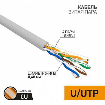 Кабель для связи и передачи данных (медь) Кабель витая пара U/UTP кат.5E 4х2х24AWG CU медь 100МГц PVC сер. (уп.50м) PROCONNECT 01-0052-50