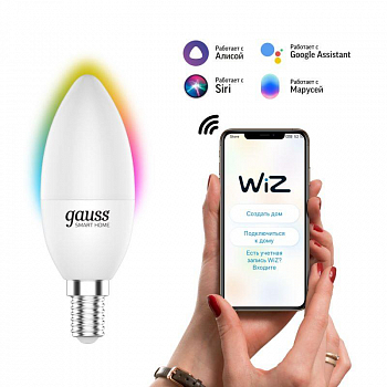 Лампа светодиодная Лампа светодиодная умная Smart Home 5Вт свеча 2700-6500К E14 470лм RGBW + измен. цветов. темпер.+ диммир. управление по Wi-Fi GAUSS 1190112