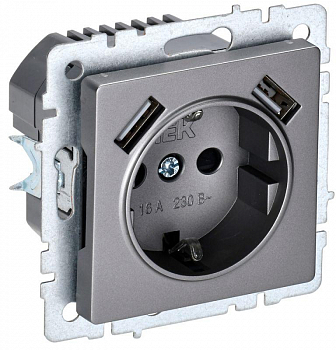 Розетка силовая (штепсельная) Розетка BRITE РЮш10-2-БрС 16А с USB A+A 3.1А с заземл. защ. шторки механизм сталь IEK BR-R14-16-U21-D31-K46
