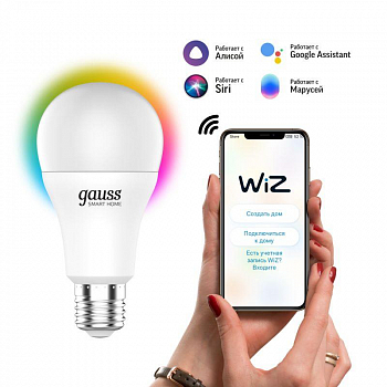 Лампа светодиодная Лампа светодиодная умная Smart Home 8.5Вт A60 грушевидная 2700-6500К E27 806лм RGBW + измен. цветов. темпер.+ диммир. управление по Wi-Fi GAUSS 1170112