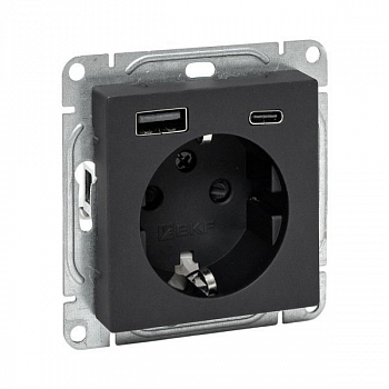 Розетка силовая (штепсельная) Розетка СП Эпика 16А с 2 USB-A+С с заземл. защ. шторки механизм черн. EKF UP1-SOB-111-USBA+USBC