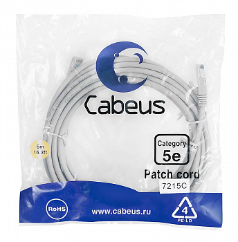 Кабель соединительный медный (витая пара) Патч-корд U/UTP PC-UTP-RJ45-Cat.5e-5m 2xRJ45/8p8c кат.5E неэкранир. PVC 5м сер. Cabeus 7215c