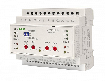 Реле напряжения Устройство управления резервным питанием AVR-01-S (2 ввода; 2 нагрузки с секционным выключ. 35мм 3х400В+N 3х16А 3P IP20 монтаж на DIN-рейке) F&F EA04.006.002