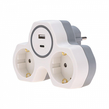 Блок розеток, удлинитель Разветвитель 2-м 16А + USB-A + USB-C с заземл. защ. шторки бел. Rexant 11-1253