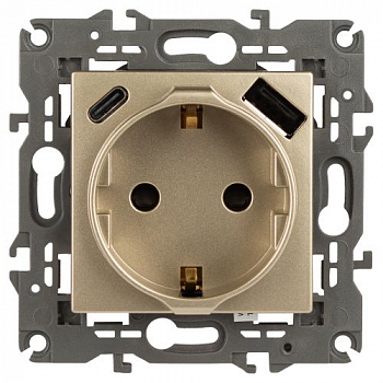 Розетка силовая (штепсельная) Розетка 1-м СП Elegance 14-4108-04 16А 250В 2P+E с USB type-A+C 5В-3А защ. шторки шампань Эра Б0067740