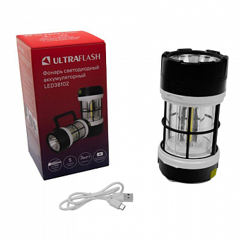 Фонарь карманный, ручной электрический Фонарь аккумуляторный LED38102 LED+3COB 5 реж. Micro-USB PowerBank пластик коробка черн./бел. Ultraflash 15952