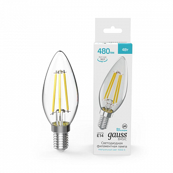 Лампа светодиодная Лампа светодиодная филаментная Basic Filament 4Вт Свеча 4000К E14 480лм GAUSS 50312242