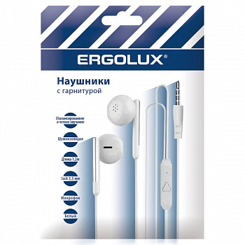 Наушники стерео Наушники вакумные с микрофоном проводные ELX-WHP01P-C01 ПРОМО 3.5мм 1.2м пакет бел. Ergolux 15277