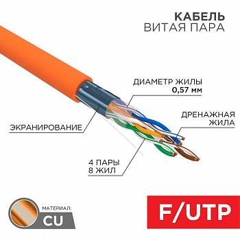 Кабель для связи и передачи данных (медь) Кабель витая пара F/UTP кат.6 4х2х23AWG LSZH нг(А)-HF INDOOR SOLID медь оранж. (305м) (м) Rexant 01-0151