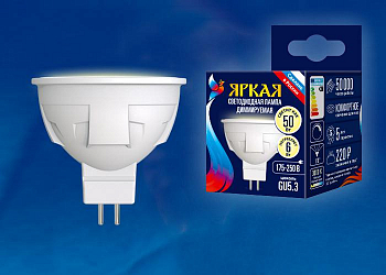 Лампа светодиодная Лампа светодиодная LED-JCDR 6W/WW/GU5.3/FR/DIM PLP01WH Яркая JCDR 6Вт матовая 3000К тепл. бел. GU5.3 диммир. (упак. картон) Uniel UL-00003991