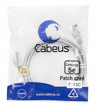 Кабель соединительный медный (витая пара) Патч-корд U/UTP PC-UTP-RJ45-Cat.5e-2m 2xRJ45/8p8c кат.5E неэкранир. PVC 2м сер. Cabeus 7213c