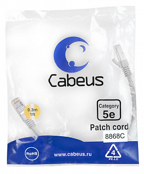 Кабель соединительный медный (витая пара) Патч-корд F/UTP кат.5E PC-FTP-RJ45-Cat.5e-0.3m-LSZH 2xRJ45/8p8c экранир. LSZH 0.3м сер. Cabeus 8868c