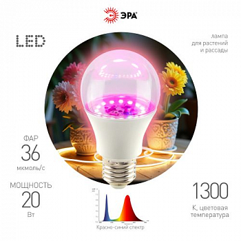 Лампа светодиодная Лампа светодиодная FITO-20W-RB-E27 20Вт грушевидная прозрачная 1300К красн./син. спектра E27 130-270В для растений Эра Б0069710
