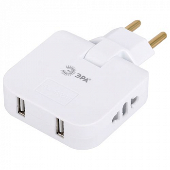 Блок розеток, удлинитель Разветвитель электрический 2-м 10А SPF-2-FL-USB 2USB поворотн. бел. Эра Б0069089