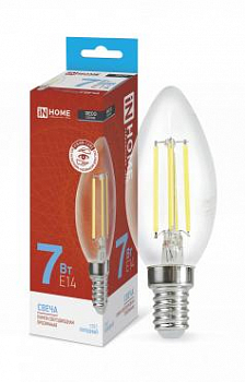 Лампа светодиодная LED-СВЕЧА-deco 7Вт свеча прозрачная 6500К холод. бел. E14 810лм 230В IN HOME 4690612029665