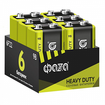 Гальванический элемент Элемент питания солевой "крона" 6F22 9В Heavy Duty Pack-6 (уп.6шт) ФАZА 5042261