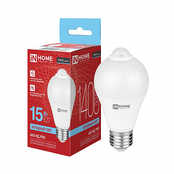 Лампа светодиодная Лампа светодиодная LED-A60 ИД-PRO 15Вт 6500К E27 1400лм 230В 5м 35сек с инфракрасным датчиком и датчиком освещенности IN HOME 4690612067803