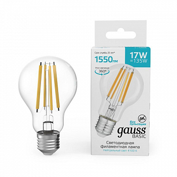 Лампа светодиодная Лампа светодиодная филаментная Basic Filament А60 17Вт 4100К Е27 1550лм GAUSS 10212272