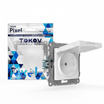 Розетка силовая (штепсельная) Розетка 1-м СП Pixel IP44 с заземл. с крышкой механизм бел. TOKOV ELECTRIC TKE-PX-R1ZSW1-C01-IP44