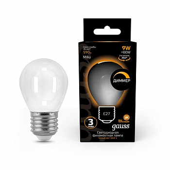 Лампа светодиодная Лампа светодиодная филаментная Black Filament 9Вт P45 шар матовая 3000К тепл. бел. E27 590лм диммир. GAUSS 105202109-D
