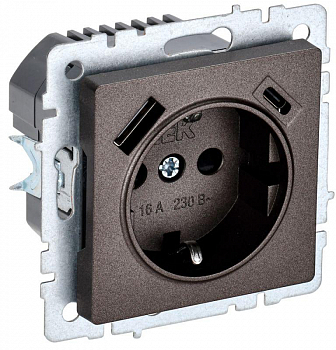 Розетка силовая (штепсельная) Розетка BRITE РЮш11-1-БрТБ 16А с USB A+C 18Вт с заземл. защ. шторки темн. механизм бронза IEK BR-R14-16-U22-018-K45