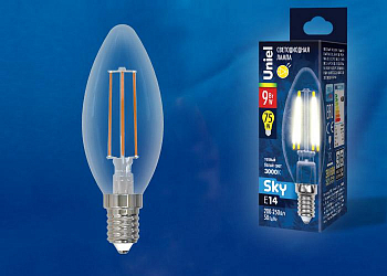 Лампа светодиодная Лампа светодиодная LED-C35-9W/3000K/E14/CL PLS02WH Sky прозр. картон Uniel UL-00005160