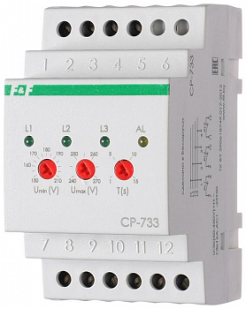 Реле напряжения Реле напряжения CP-733 (трехфазное; контроль нижнего (150-210В) и верхнего (240-270В) порога напряжения; отдельный контакт на каждую фазу; монтаж на DIN-рейке 35мм 3х400/230 N 3х8А 3х1Z IP20) F&F EA04.009.006