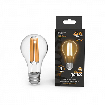 Лампа светодиодная Лампа светодиодная филаментная Black Filament 22Вт A70 грушевидная 2700К тепл. бел. E27 2000лм GAUSS 102902122