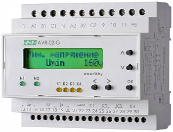 Реле напряжения Устройство управления резервным питанием AVR-02-G (2 ввода однофункц. (для работы с генератором) ЖКИ индикатор 35мм 3х400В+N 5х8А 5P IP20 монтаж на DIN-рейке) F&F EA04.006.005