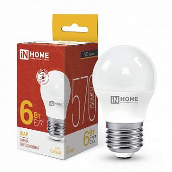 Лампа светодиодная Лампа светодиодная LED-ШАР-VC 6Вт шар 3000К тепл. бел. E27 570лм 230В IN HOME 4690612020525