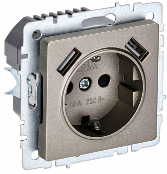Розетка силовая (штепсельная) Розетка BRITE РЮш10-2-БрШ 16А с USB A+A 3.1А с заземл. защ. шторки механизм шампань IEK BR-R14-16-U21-D31-K37