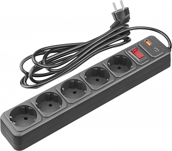 Блок розеток, удлинитель Фильтр сетевой 5х3м 10А IP20 90 884 OSP-USB-05-300-ESC-3х0.75-BL черн. ОНЛАЙТ 90884