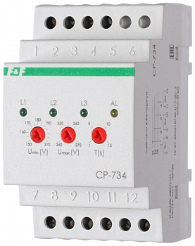 Реле напряжения Реле напряжения CP-734 (трехфазное; контроль нижнего (150-210В) и верхнего (240-270В) порога напряжения; отдельный контакт на каждую фазу; монтаж на DIN-рейке 35мм 3х400/230 N 3х8А 3х1R IP20) F&F EA04.009.007